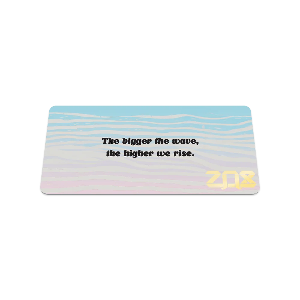 Product photo of the back of the Waverider collector's card, continuing the pastel blue and pink gradient. Centered black text reads, "The bigger the wave, the higher we rise." The gold "ZOX" logo is in the lower right corner.