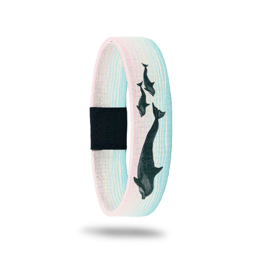 Product photo of the outside of the Waverider bracelet, featuring a pastel gradient background of light blue and soft pink. The design shows silhouettes of four dolphins gracefully swimming upward. A black rectangular patch with etched serial numbers is visible on one side of the single.