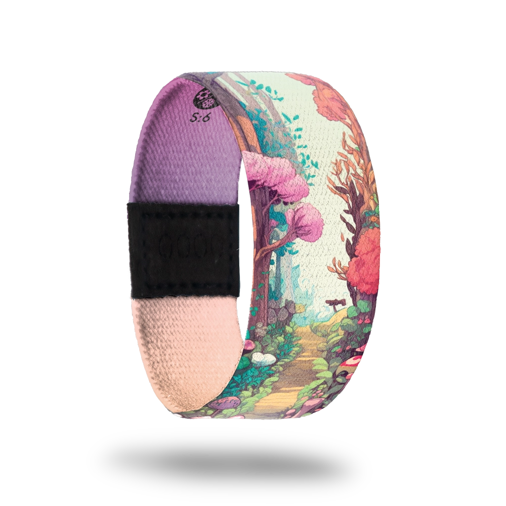 ZOX strap with brightly colors forest scene of a pebble walkway and trees. Inside is gradient pink and purple and says A Time To Renew. This is part of a mini-collection. 