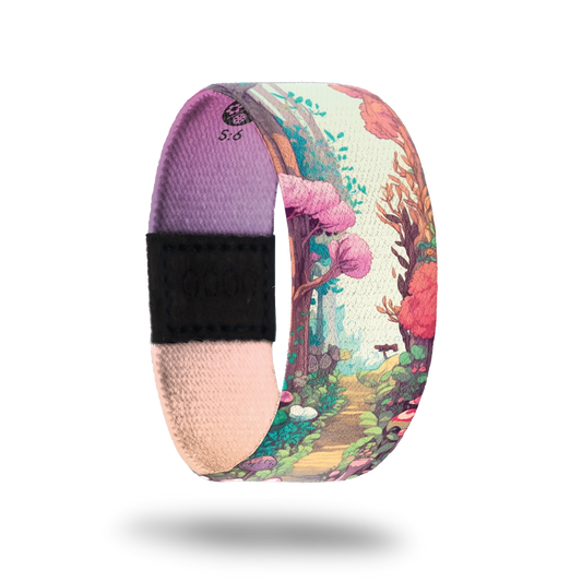 ZOX strap with brightly colors forest scene of a pebble walkway and trees. Inside is gradient pink and purple and says A Time To Renew. This is part of a mini-collection. 