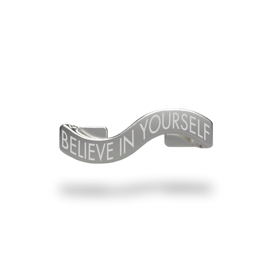 This is a charm that fits ZOX single wristbands, lanyards and hoodie strings only. It is made from stainless steel and is silver in color. The words BELIEVE IN YOURSELF are etched in the metal.