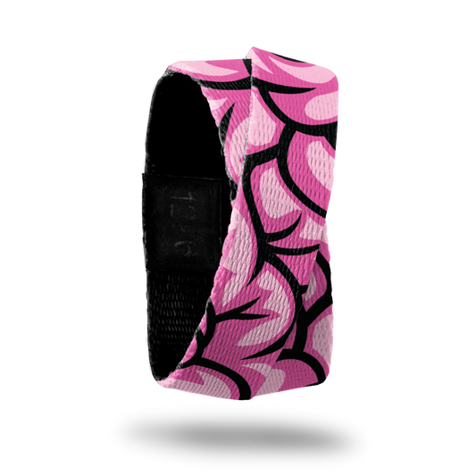 Hot pink and black brain matter design all over. Inside is solid black and says BRAINS in lime green lettering. This is a double and wraps around the wrist twice. 