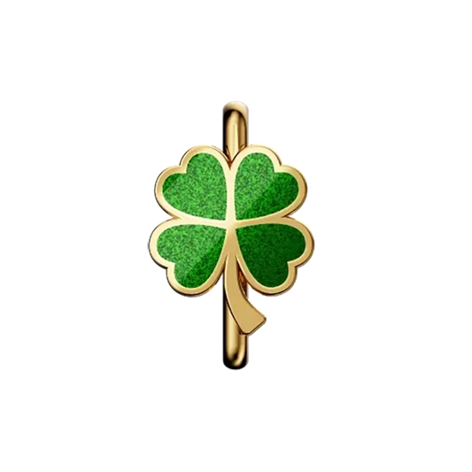 This is a charm that fits ZOX single wristbands, lanyards and hoodie strings only. It is made from stainless steel and is gold in color. It has a bright green shamrock in the center.