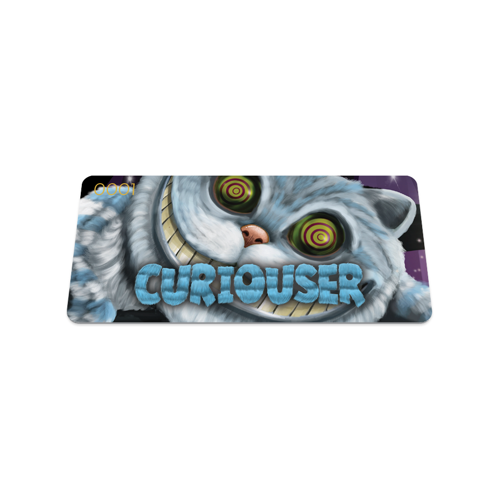 Front collector's card image of Curiouser, dark purple sky with blue and white Chesire cat centered on the card and blue text 'Curiouser'