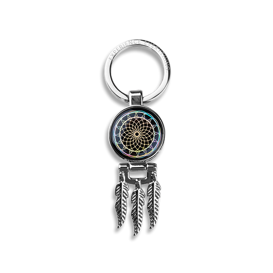 A round dreamcatcher keychain with dangling feathers (3) hanging from the bottom. Has a keyring and fits ZOX siingles. 