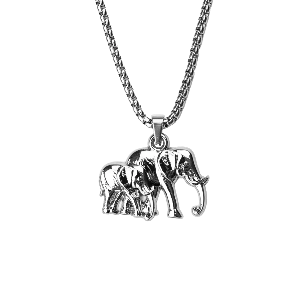 Stainless steel necklace of an adult elephant and a baby elephant walking next to each other. 