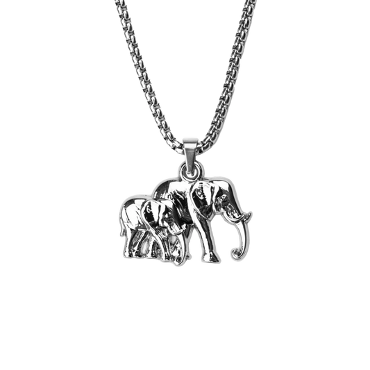 Stainless steel necklace of an adult elephant and a baby elephant walking next to each other. 