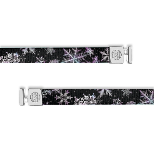 Black with white and purple snowflakes. Has silver aglets