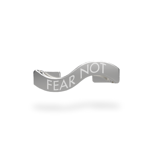 This is a charm that fits ZOX single wristbands, lanyards and hoodie strings only. It is made from stainless steel and is silver in color. The words FEAR NOT are etched in the metal.