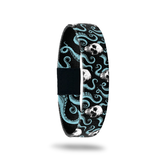 Single wristband with black base and teal octopi all over. White skulls around the tentacles. Inside reads Fight For What You Believe In. 