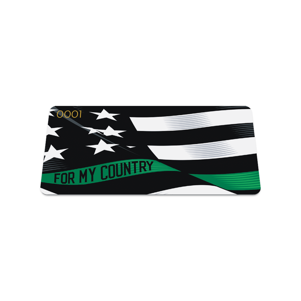 Front collector's card image of For My Country: wavy black and white United States flag with a line of green for one bottom stripe of the flag