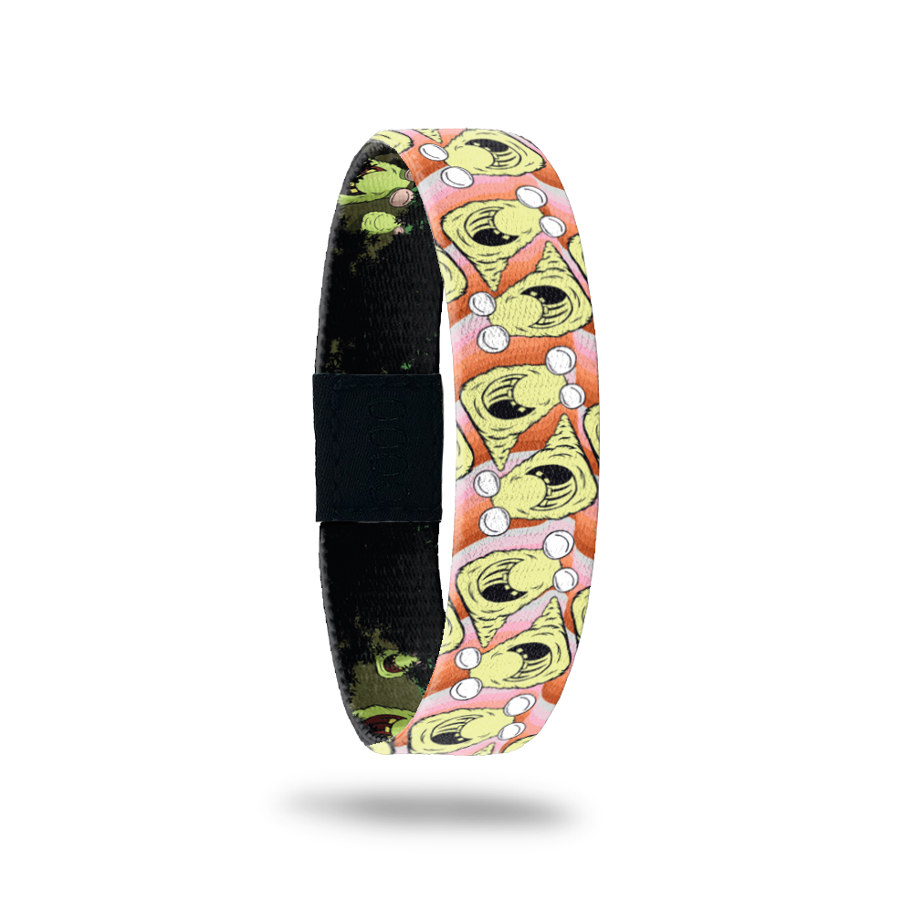 Product photo of the outside of 2020 - Day 12 - Hermy Highnote: orange and pink design with repeating green slug-like monster with white eyeballs