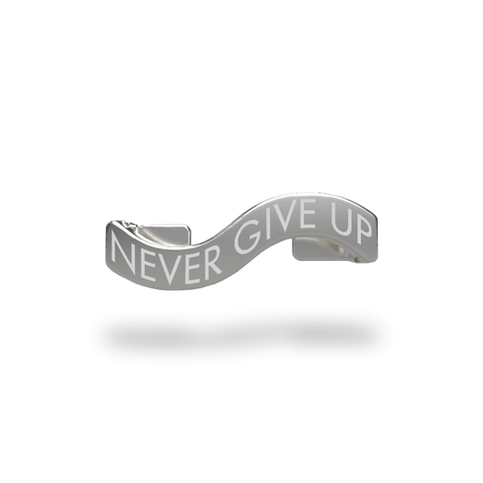 This is a charm that fits ZOX single wristbands, lanyards and hoodie strings only. It is made from stainless steel and is silver in color. The words NEVER GIVE UP are etched in the metal.