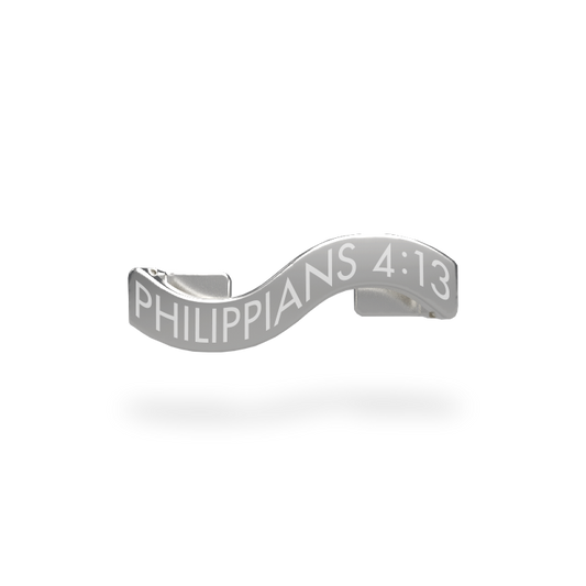 This is a charm that fits ZOX single wristbands, lanyards and hoodie strings only. It is made from stainless steel and is silver in color. The words PHILIPPIANS 4:13 are etched in the metal.