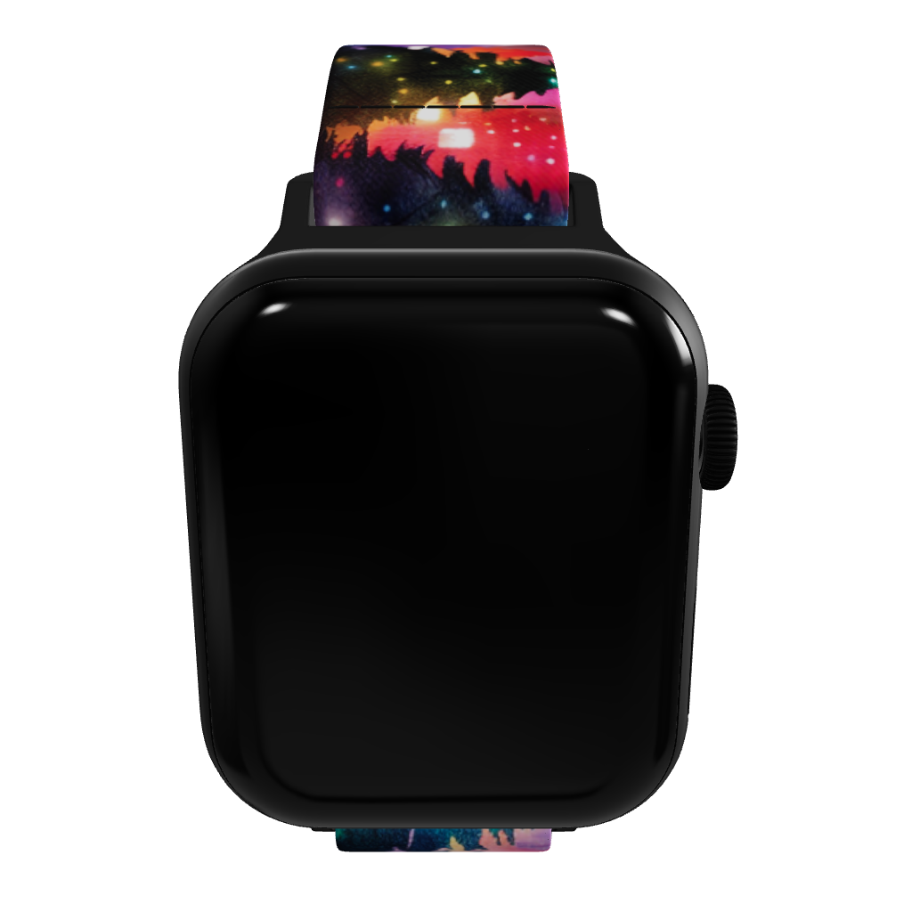 3D render of the All is Calm, All is Bright watch band attached to a smartwatch, showcasing the full watchband. The outer side displays a colorful, night-time landscape with a forest of evergreen trees illuminated by glowing lights in hues of red, green, and yellow. The inside is black with the phrase 'all is calm, all is bright' printed in bold white text. The ZOX logo is on a black tag sewn near the top. The render highlights the vibrant colors and smooth contours of the band.