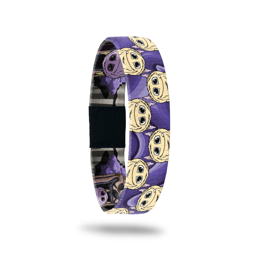 Product photo of the outside of 2020 - Day 2 - Purple Pete: purple design with repeating pale yellow monster with horns and one tooth