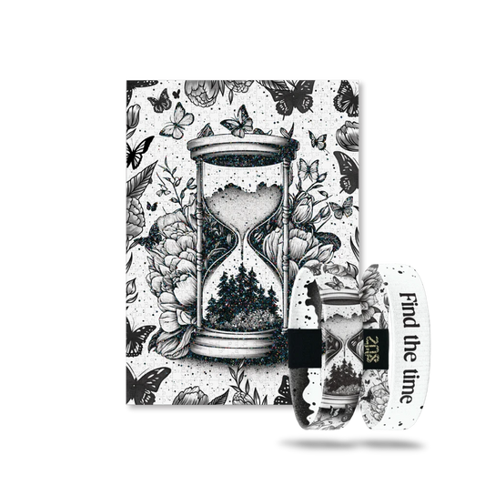 Puzzle and single wristband set. Both designs are white with black pen drawings of an hourglass running out of time, with flowers, butterflies and a forrest surrounding the hourglass. Inside is plain white and says Find The Time. 