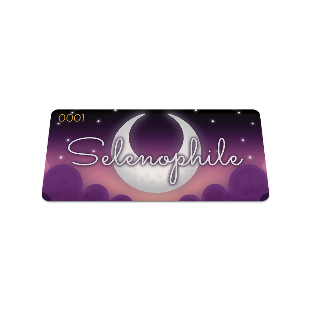 Front collector's card image of Selenophile: purple clouded night skies with white stars and a white crescent moon in the center and white text 'Selenophile'