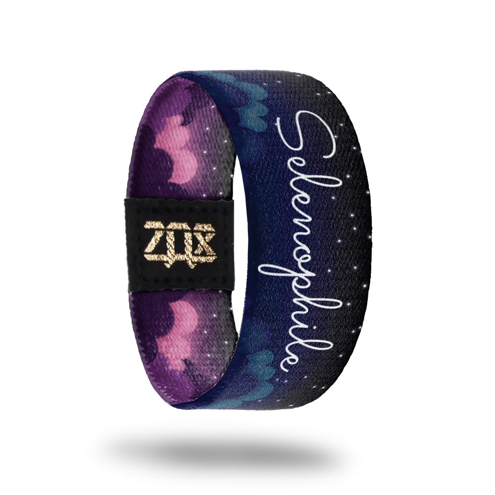 Inside Design of Selenophile:  dark blue and black clouded night skies with white text 'Selenophile'