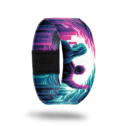 Front Product image of elastic wristband called The Future Belongs To Us. The design is a pink male and blue female with clouds and a city to their sides. Next to the female is a pink design and next to the male is a blue design.