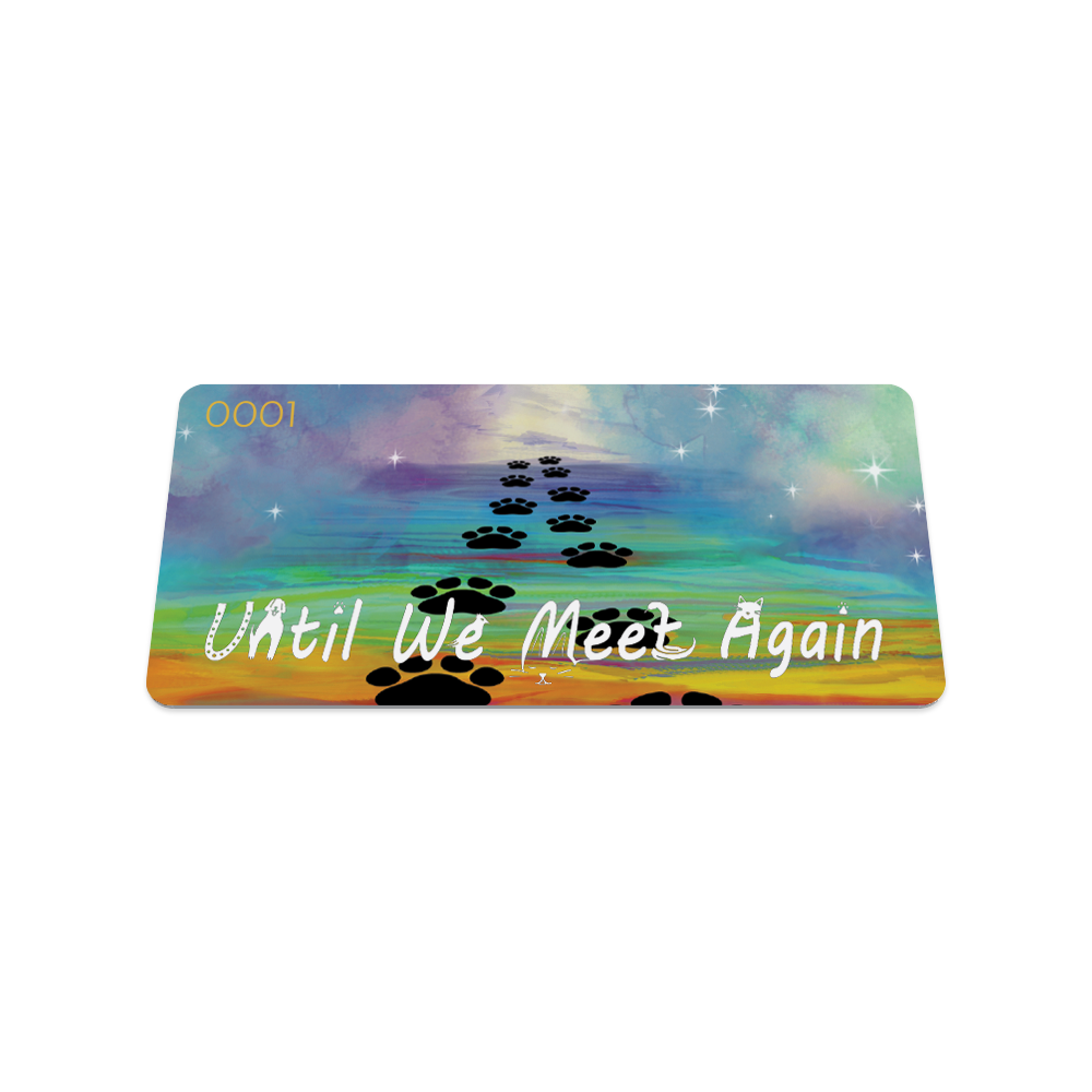 Front collector's card image of Until We Meet Again: rainbow skies with white stars and a darker rainbow bridge with black paw prints going up it with white text 'Until We Meet Again'