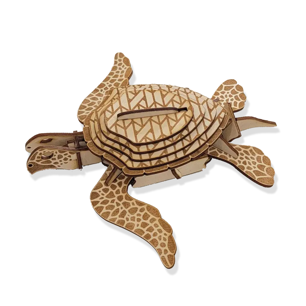 A wooden puzzle of 36 pieces which become a 3d sea turtle once put together. 