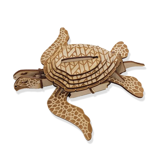 A wooden puzzle of 36 pieces which become a 3d sea turtle once put together. 