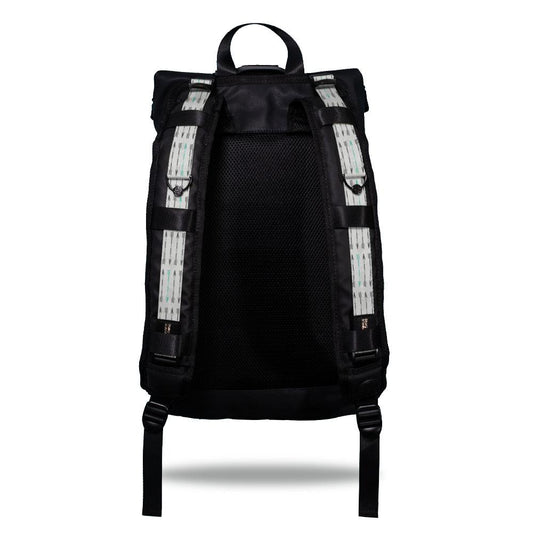 Product image show the back of an Imperial backpack with  two should straps showing with interchangeable straps. The tension strap the item that is for sale on this page and is called Never Give Up and is a light grey, grey, geometric design with darker grey arrows with a green arrow every so often on the top of the design