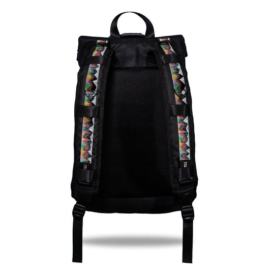 Product image show the back of an Imperial backpack with  two should straps showing with interchangeable straps. The tension strap the item that is for sale on this page and is called Mountains To Molehills and is a geometric mountain range made of triangles with colors such as grey, red, orange, blue, green, and yellow