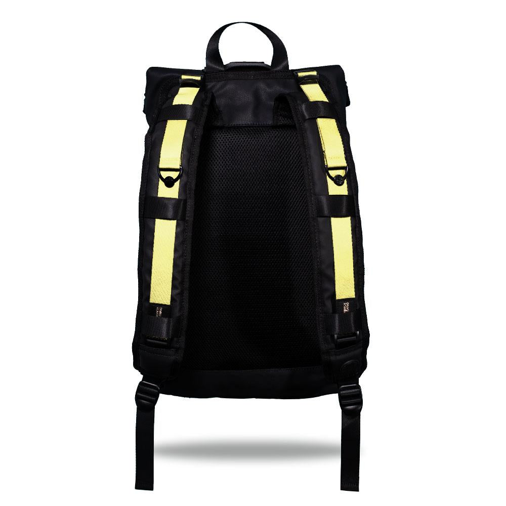 Product image show the back of an Imperial backpack with  two should straps showing with interchangeable straps. The tension strap the item that is for sale on this page and is called Canary Yellow and is a solid light yellow color