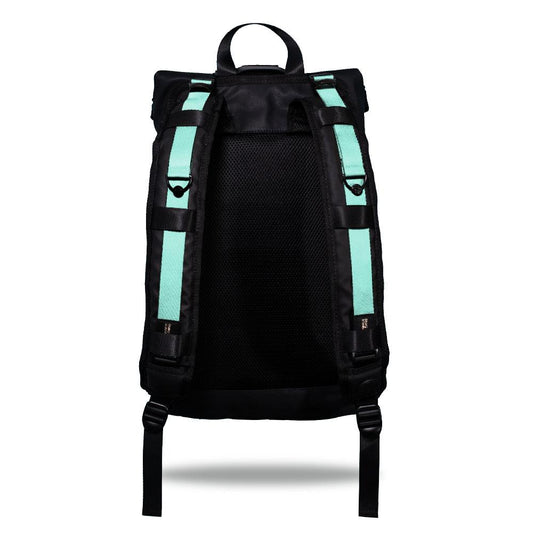 Product image show the back of an Imperial backpack with  two should straps showing with interchangeable straps. The tension strap the item that is for sale on this page and is called Seafoam Green and is a solid light green with blue hues color