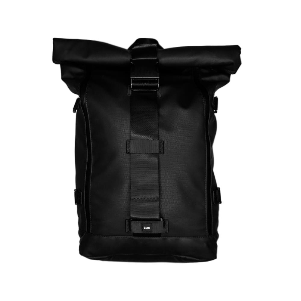 Product photo of an all black Imperial v2 backpack which is a roll top, where we can clearly see the front