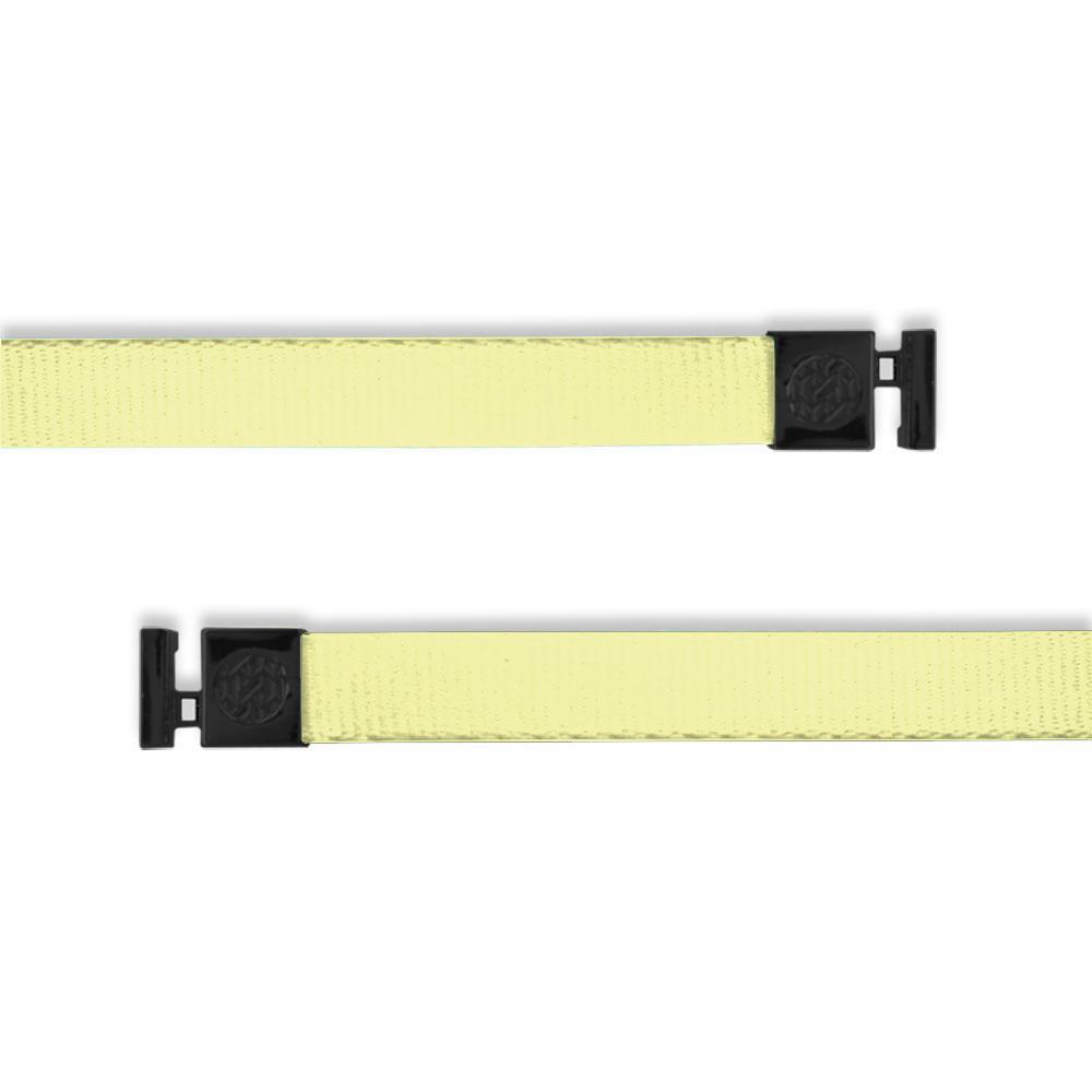 A product image of a wide and flat string with black metal aglets meant to be used with the ZOX hoodie. The string is called Canary Yellow and the entire string is a light yellow