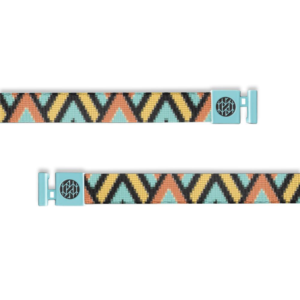 A southwestern zig zag design in colors of burnt orange, gold and turquoise. Comes with turquoise aglets. 