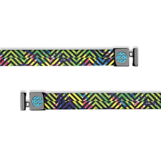 multicolored swirl design with black chevron design on top. Comes with gunmetal aglets with a teal zox logo