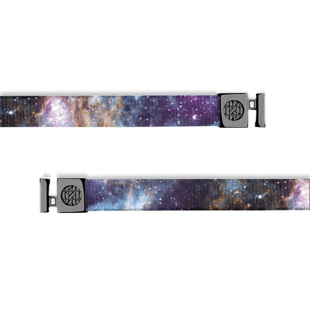 A space nebula of purple, black, blue, pink and white. Comes with gunmetal aglets. 