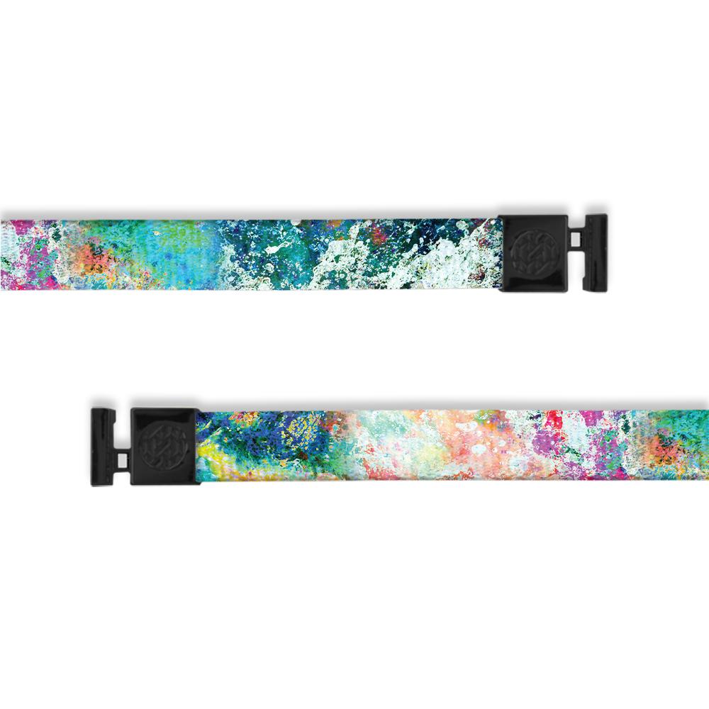 A product image of a wide and flat string with black metal aglets meant to be used with the ZOX hoodie. The string is called I got this and looks like a splatter paint image with a variety of colors that include different hues of blue, green, pink, purple, yellow, and orange