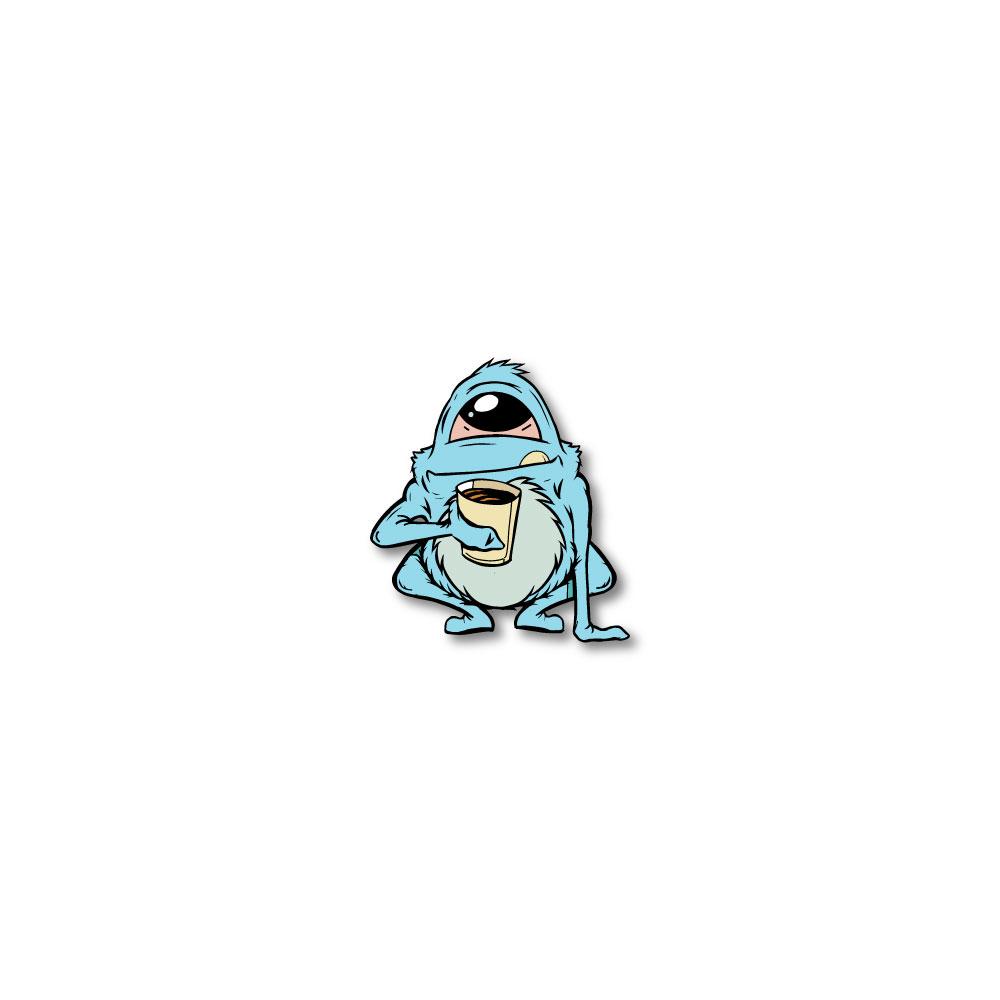 Enamel pin photo of 2020 - Day 17 - Mike Sullivan: a furry, blue monster with only one eye holding a coffee cup