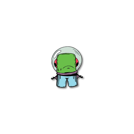 Enamel pin photo for 2020 - Day 28 - Fish Bowl Fred: green monster with red eyes on the side of his head stuck in a fish bowl wearing light blue pants 