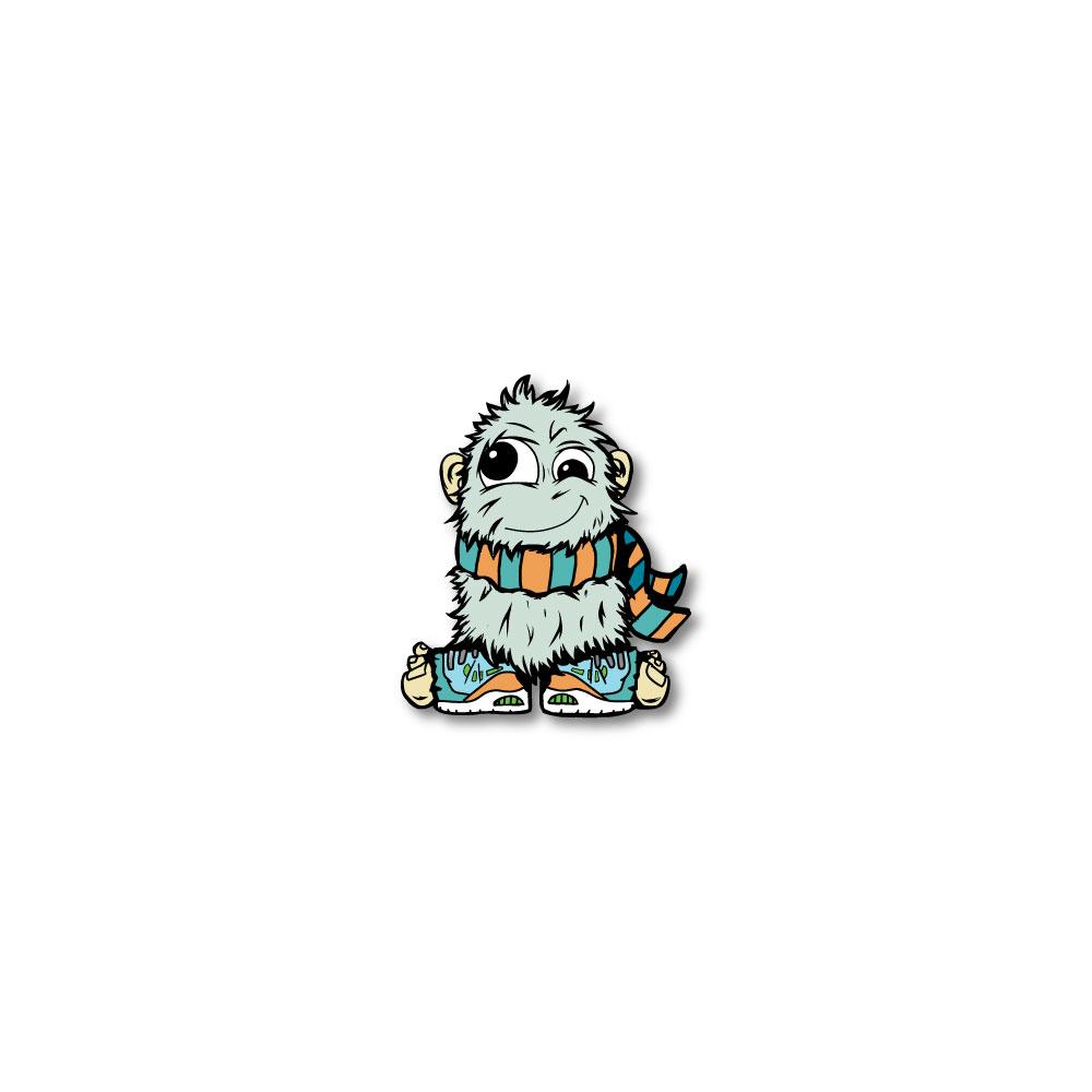 Enamel pin photo for 2020 - Day 29 - Mr. Warm Neck: furry, gray monster wearing a teal and orange striped scarf and shoes with his toes coming out of the front