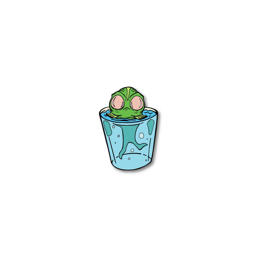 Enamel pin photo for 2020 - Day 6 - Curt Cupperman: green fish with big peach eyeballs inside of a clear cup of blue water