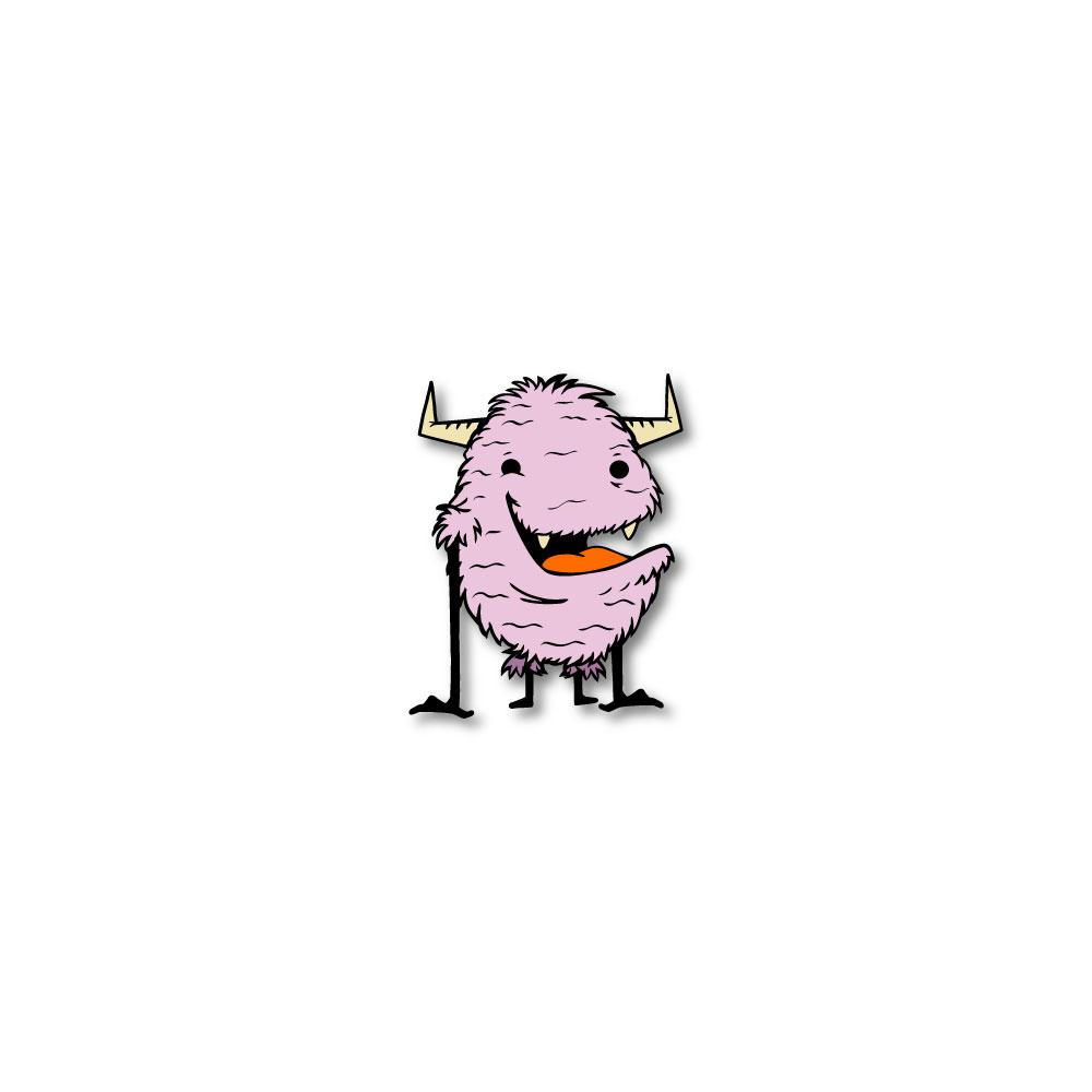 Enamel pin photo for 2020 - Day 8 - Mr. Yeah Guy: pale pink, smiling, furry monster with horns, long arms, and short legs