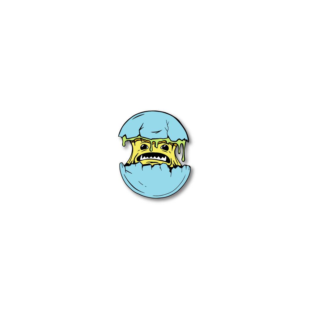 Enamel pin photo of 2020 - Day 1 - Mr. Oh My Gosh: yellow monster with green goo coming out of a light blue shell