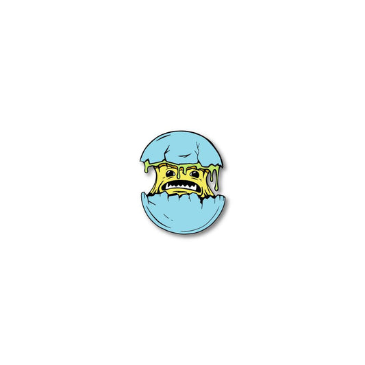 Enamel pin photo of 2020 - Day 1 - Mr. Oh My Gosh: yellow monster with green goo coming out of a light blue shell