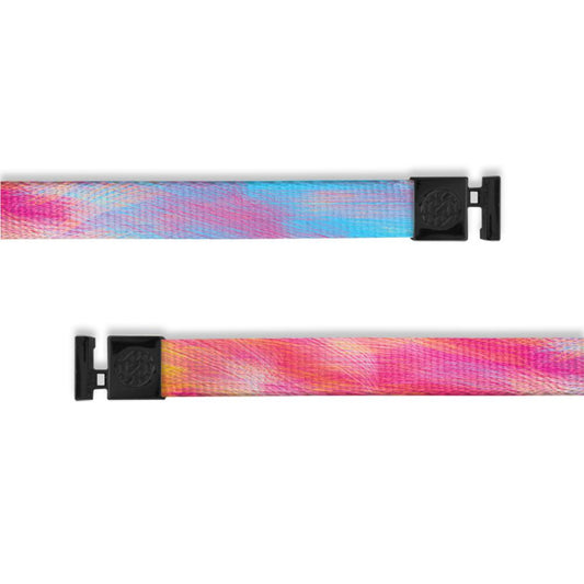 A product image of a wide and flat string with black metal aglets meant to be used with the ZOX hoodie. The string is called Poet and the design was done to look similar to paint brush strokes. The colors include different hues of pink, blue, orange, and purple