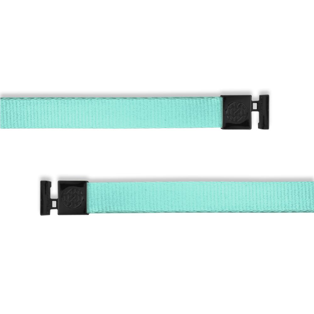 A product image of a wide and flat string with black metal aglets meant to be used with the ZOX hoodie. The string is called Seafoam Green. The design is a solid light greeny blue color.