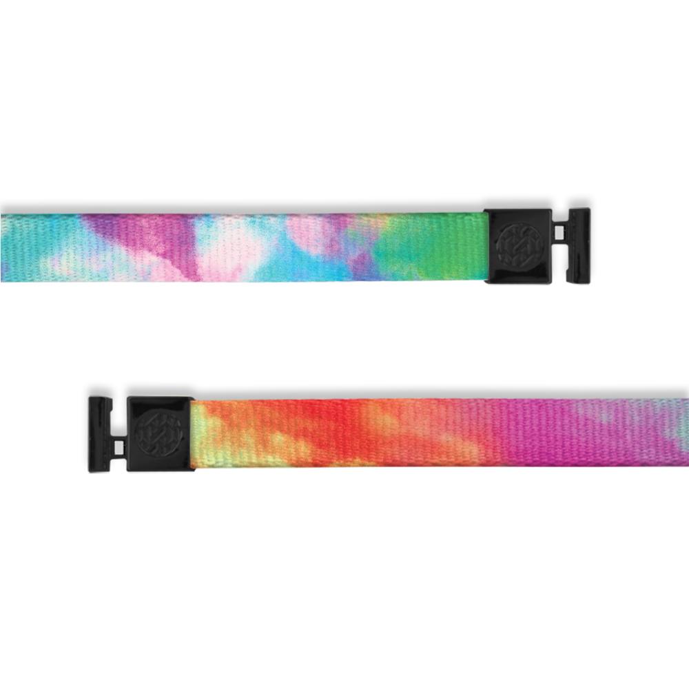 A product image of a wide and flat string with black metal aglets meant to be used with the ZOX hoodie. The string is called Yes I can. It is a brush stroke design composed of many different colors such as blue, green, pink, purple, orange, red, and yellow